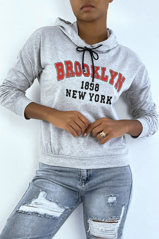 Grijze hoodie met opschrift BROOKLYN 898 NEW YORK - 2
