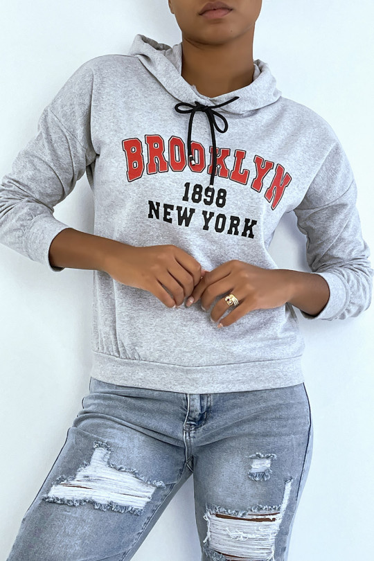 Grijze hoodie met opschrift BROOKLYN 898 NEW YORK - 3