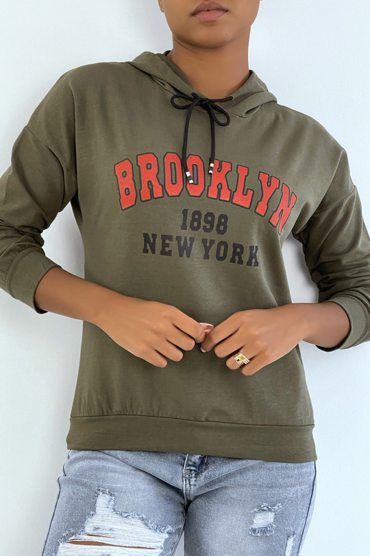 Kaki hoodie met BROOKLYN 898 NEW YORK opschrift - 2