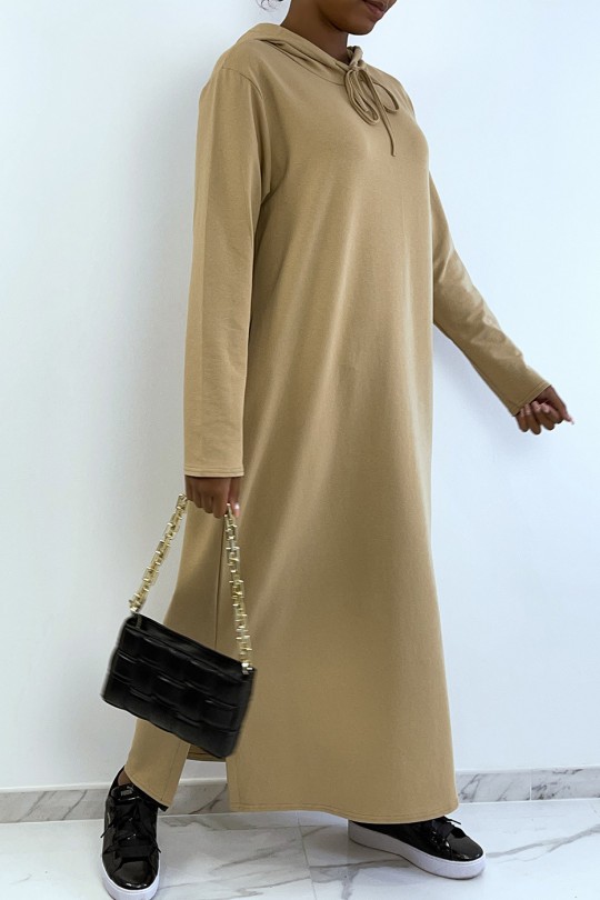 Long camel abaya sweatshirt dress with hood - 1