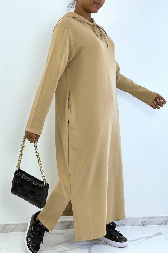 Long camel abaya sweatshirt dress with hood - 2