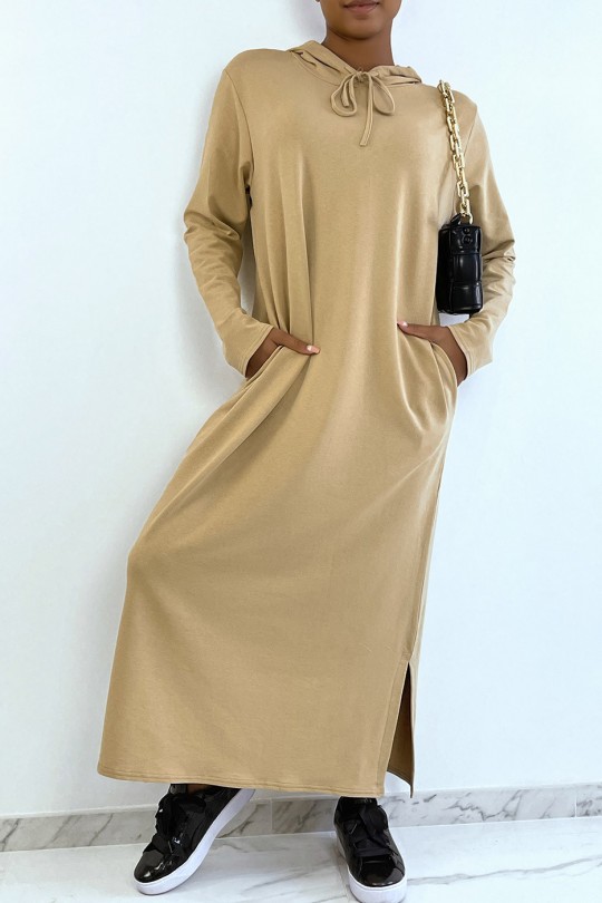 Long camel abaya sweatshirt dress with hood - 3