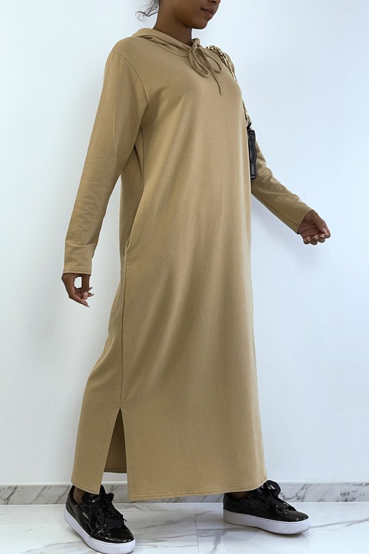 Long camel abaya sweatshirt dress with hood - 4