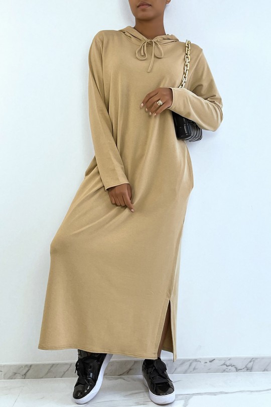 Long camel abaya sweatshirt dress with hood - 5