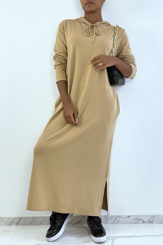 Longue robe sweat abaya camel à capuche - 6