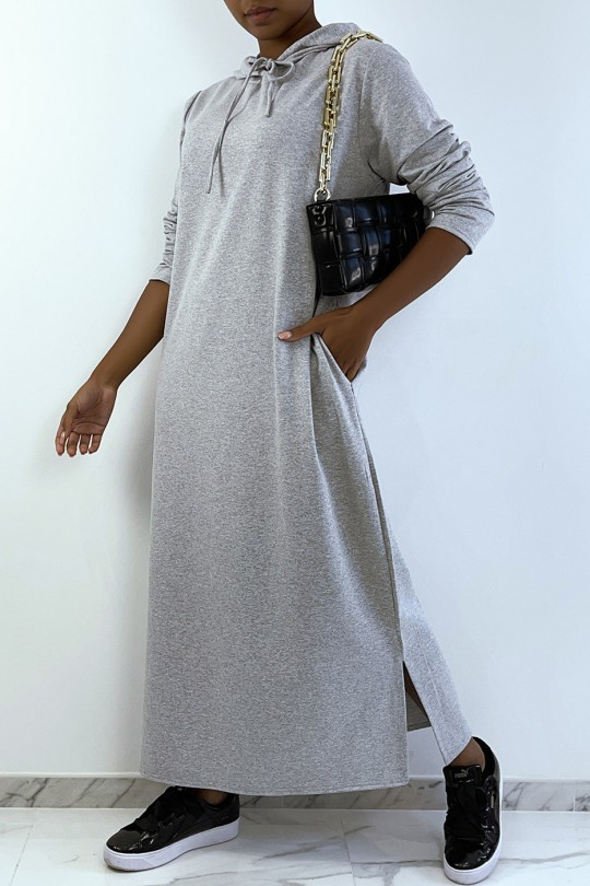 Long gray hooded abaya sweatshirt dress - 1