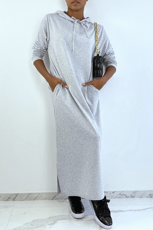 Long gray hooded abaya sweatshirt dress - 2