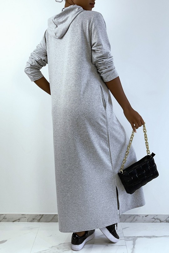 Longue robe sweat abaya grise à capuche - 3