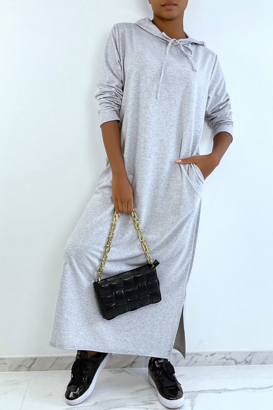 Longue robe sweat abaya grise à capuche - 4