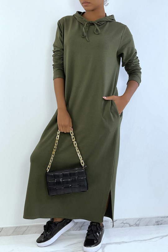 Long khaki hooded abaya sweatshirt dress - 2