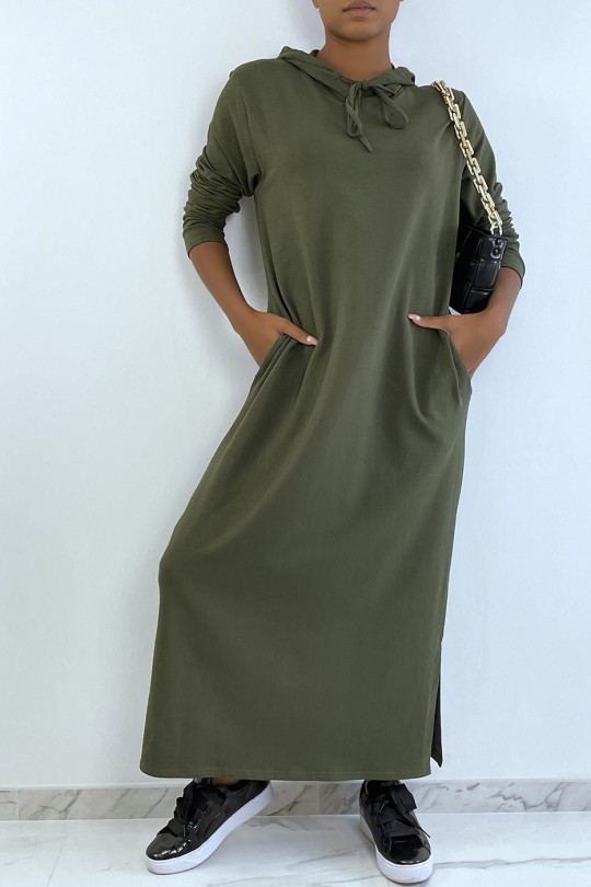 Long khaki hooded abaya sweatshirt dress - 3
