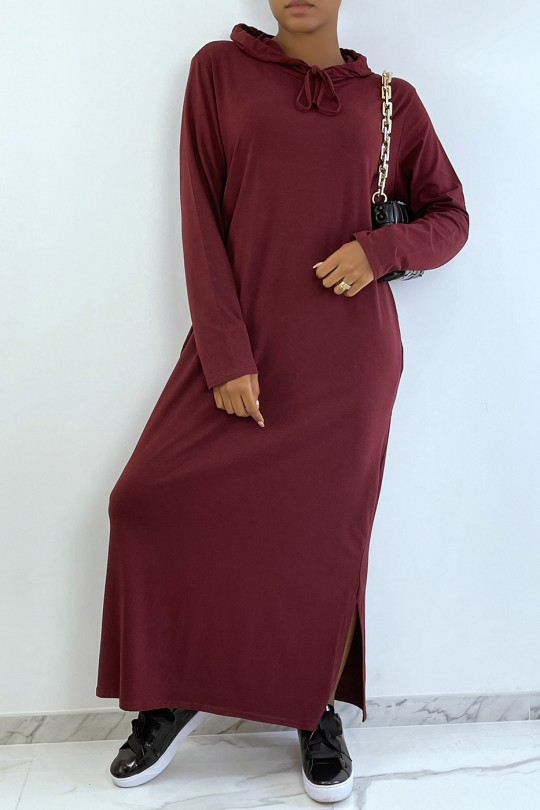 Longue robe sweat abaya bordeaux à capuche - 1