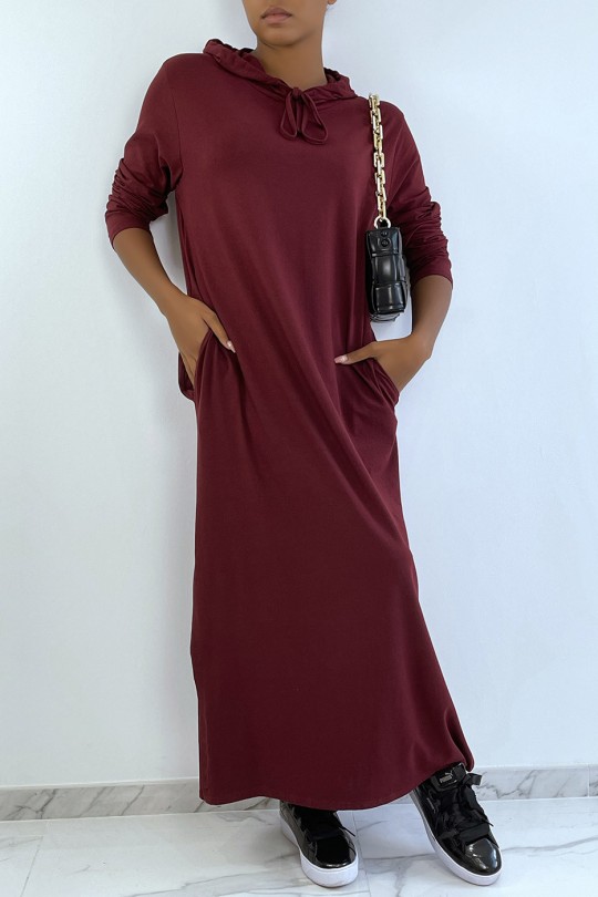 Longue robe sweat abaya bordeaux à capuche - 2