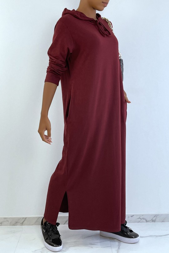 Long burgundy hooded abaya sweatshirt dress - 3