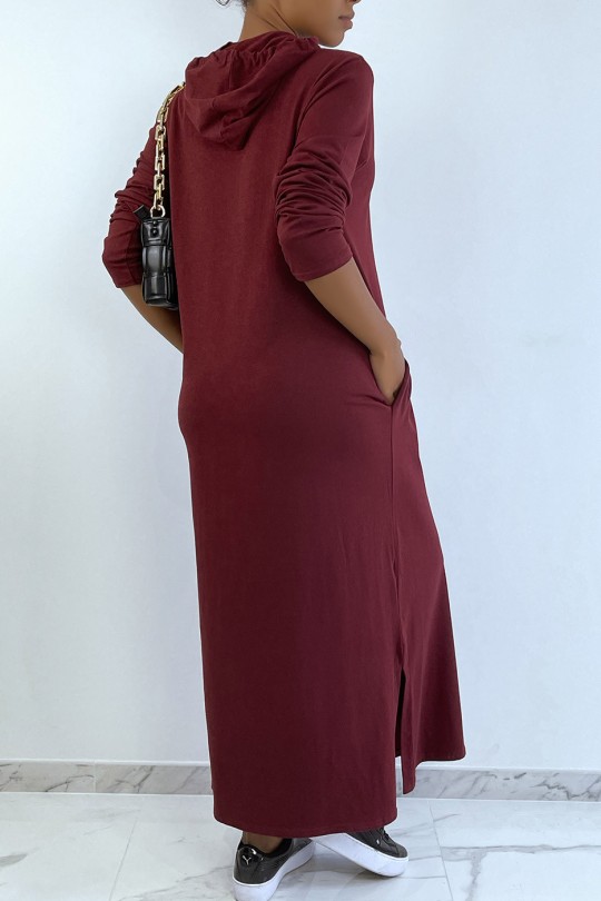 Longue robe sweat abaya bordeaux à capuche - 4