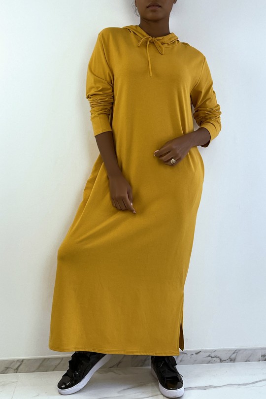 Long mustard abaya sweatshirt dress with hood - 1