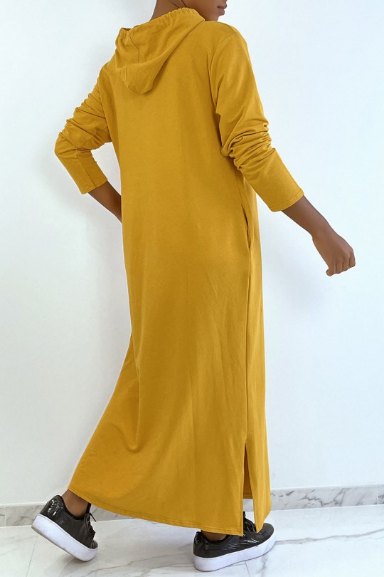 Lange abaya-sweatshirtjurk met capuchon in mosterdkleur - 3