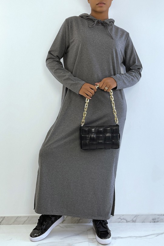 Long anthracite abaya sweatshirt dress with hood - 1