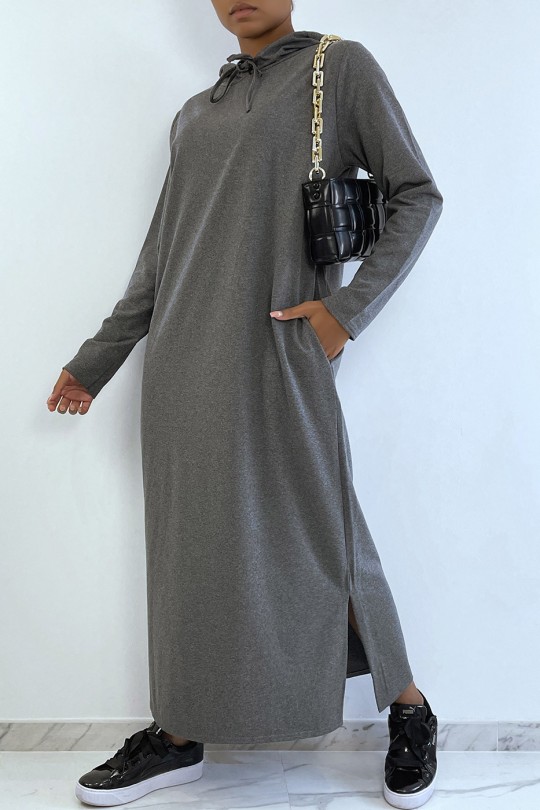 Long anthracite abaya sweatshirt dress with hood - 2