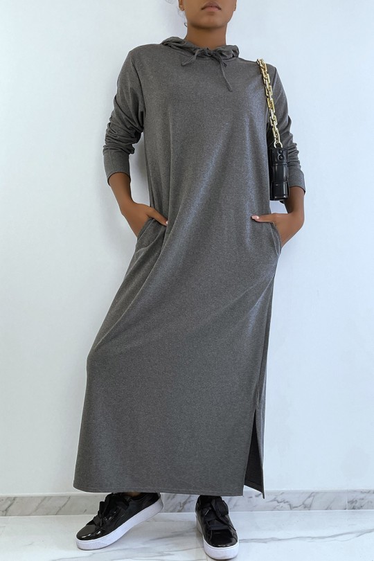 Longue robe sweat abaya anthracite à capuche - 3