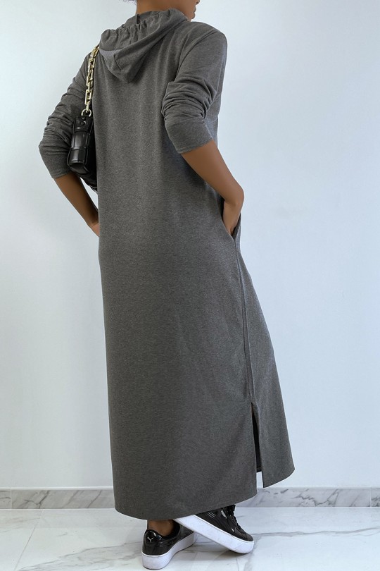 Lange antracietkleurige abaya sweatshirtjurk met capuchon - 4