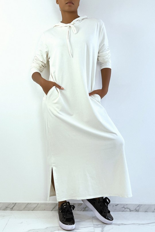Longue robe sweat abaya blanche à capuche - 2