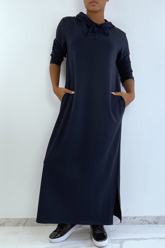 Longue robe sweat abaya marine à capuche - 1