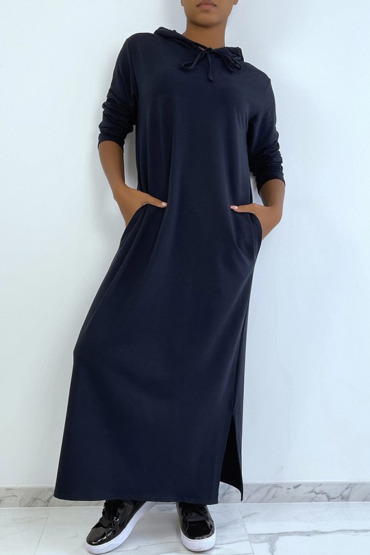 Long navy abaya hooded sweatshirt dress - 3