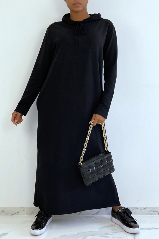 Longue robe sweat abaya noire à capuche - 1