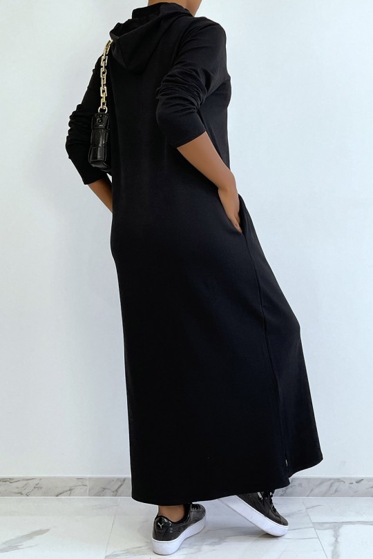 Longue robe sweat abaya noire à capuche - 4
