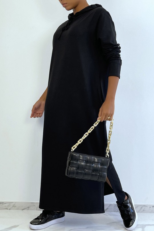 Longue robe sweat abaya noire à capuche - 5