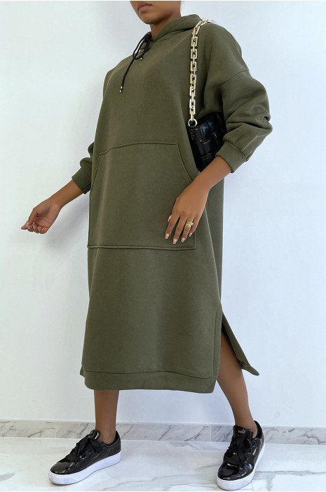 Sweat tunique très long et très épais en kaki - 5