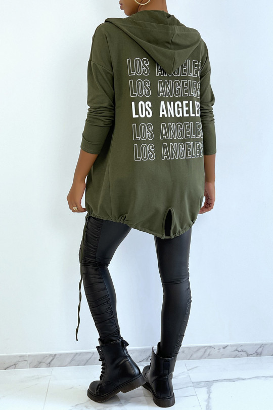 Gilet à capuche kaki avec lacet et écriture LOS ANGELES au dos - 5