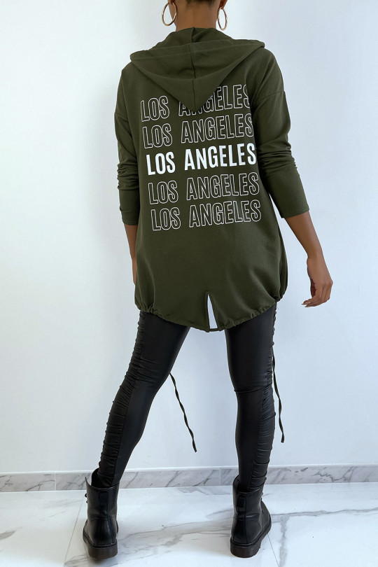 Gilet à capuche kaki avec lacet et écriture LOS ANGELES au dos - 7