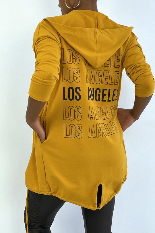 Mustard hooded cardigan with lace and LOS ANGELES writing on the back - 5