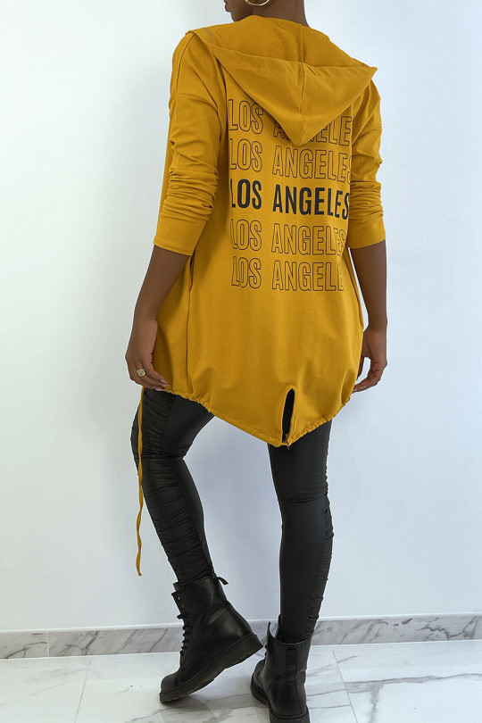 Mustard hooded cardigan with lace and LOS ANGELES writing on the back - 6