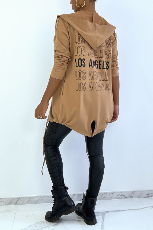 Camel hooded cardigan with lace and LOS ANGELES writing on the back - 3