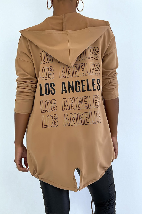 Camel hooded cardigan with lace and LOS ANGELES writing on the back - 4