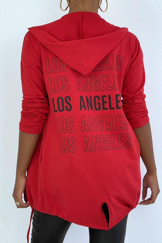 Gilet à capuche rouge avec lacet et écriture LOS ANGELES au dos - 4