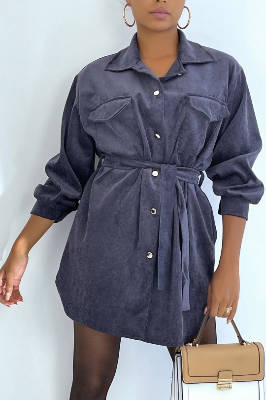 Robe chemise bleu marine en velour côtelé à nouer à la taille - 1