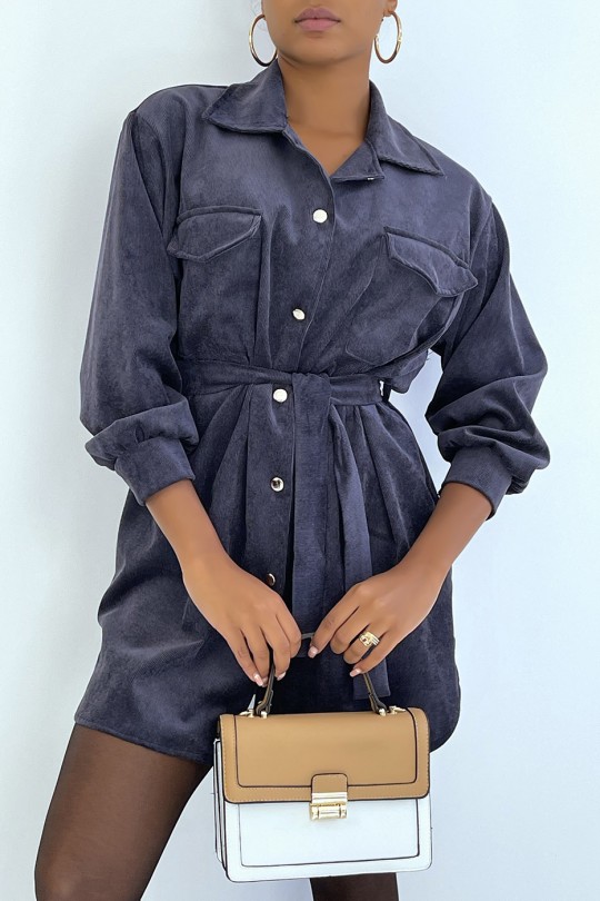 Robe chemise bleu marine en velour côtelé à nouer à la taille - 2