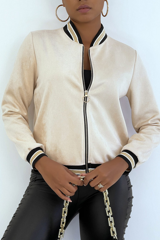 Veste zippée en suedine beige style bomber à détails brillants - 1