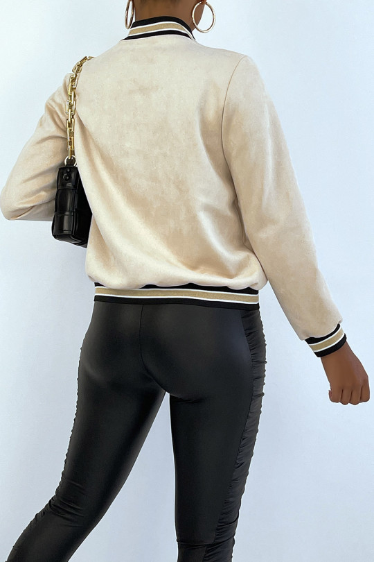 Veste zippée en suedine beige style bomber à détails brillants - 4