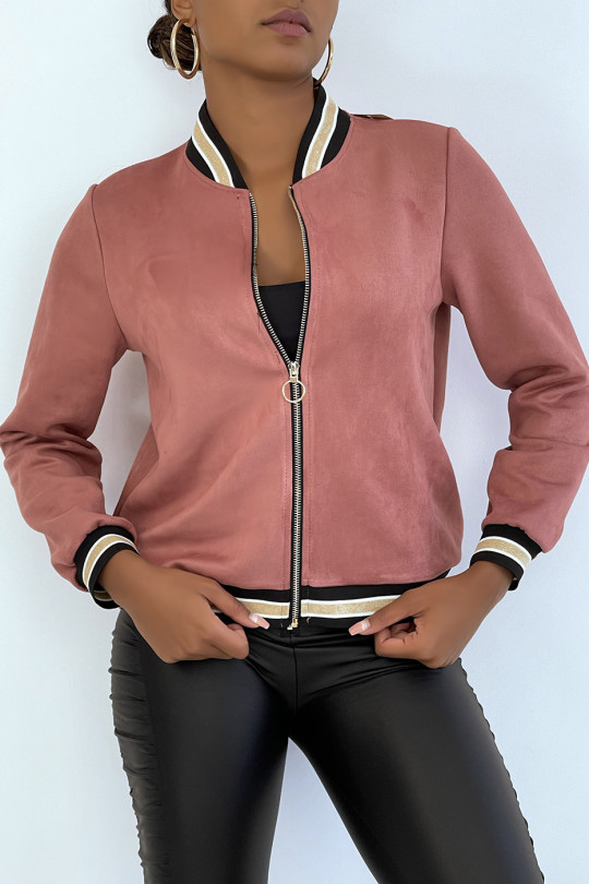 Veste zippée en suedine rose style bomber à détails brillants - 4