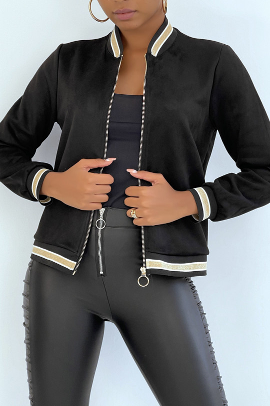 Zipped black suede bomber-style jacket with shiny details - 1