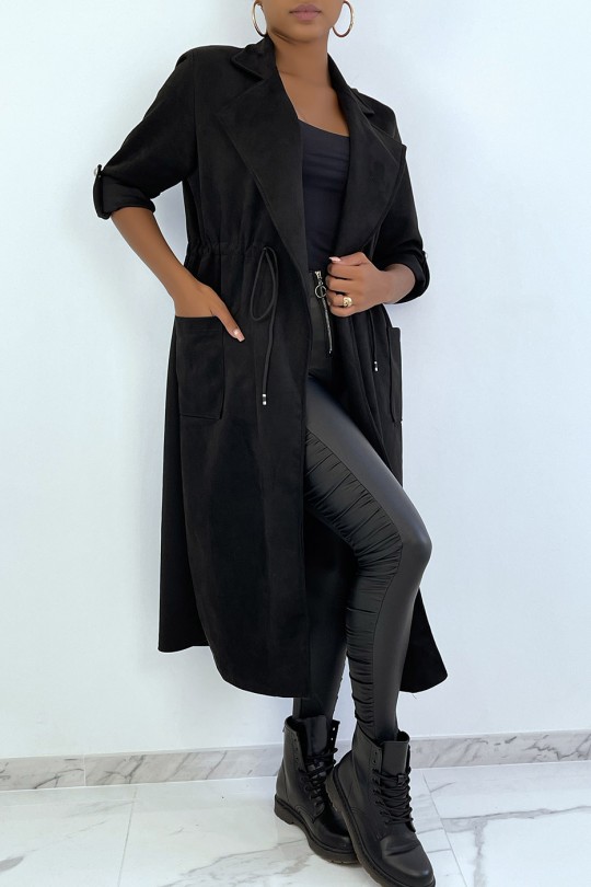 Manteau trench en suédine noir ajustable à la taille - 1