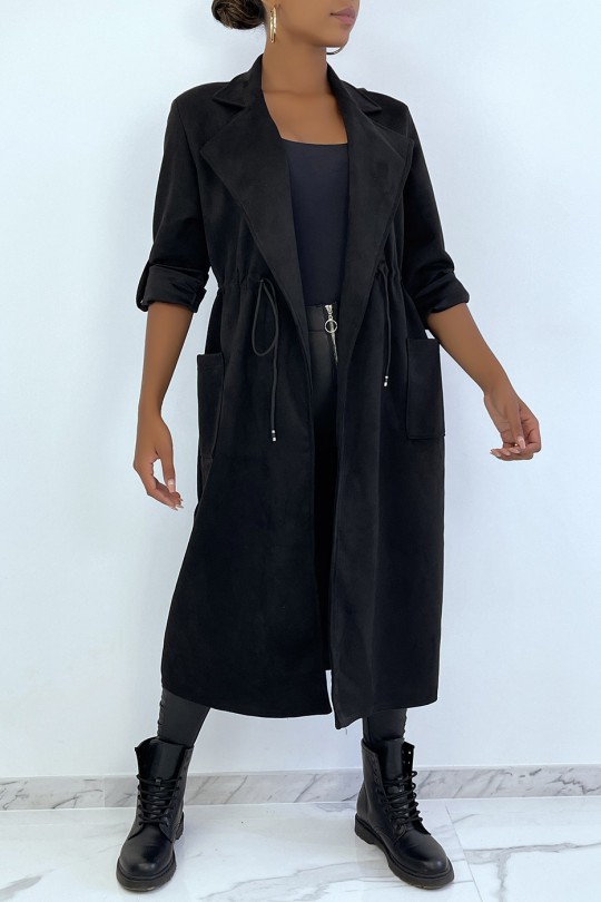 Manteau trench en suédine noir ajustable à la taille - 2