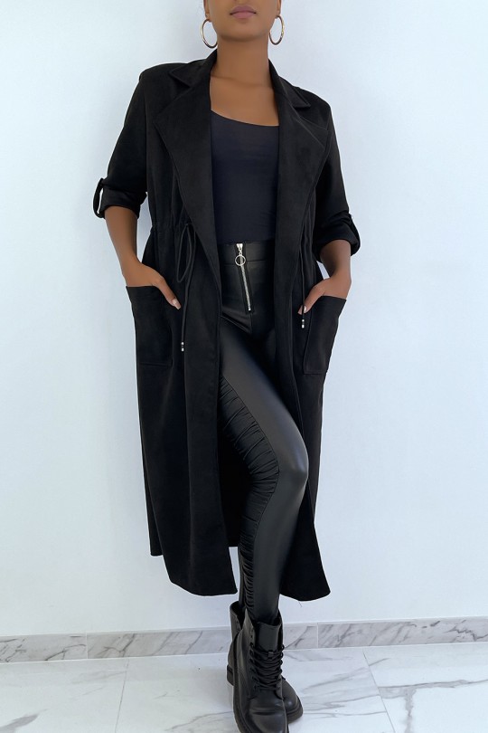 Manteau trench en suédine noir ajustable à la taille - 3