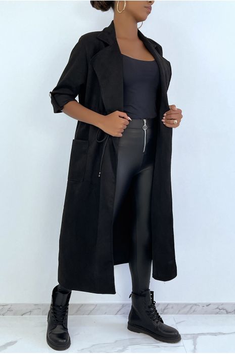 Manteau trench en suédine noir ajustable à la taille - 4