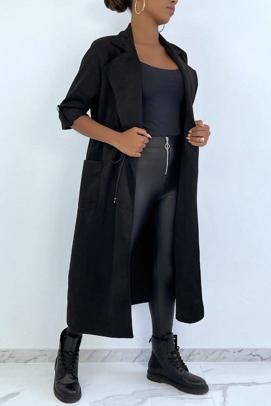 Manteau trench en suédine noir ajustable à la taille - 4